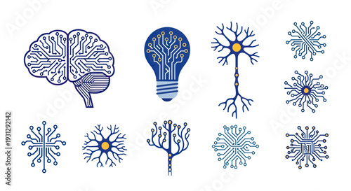 Digital Brain Neuron and Idea Light Bulb Circuit Board Icons Set.