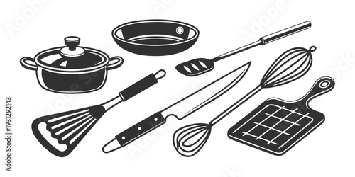 A variety of cooking utensils and tools on a white background