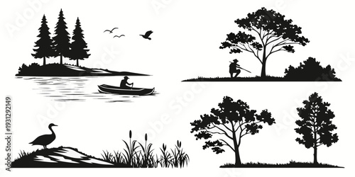 Silhouettes of nature with birds, trees, and a lake in a serene landscape