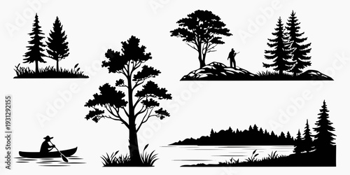 Silhouette of a serene lake scene with trees and a canoe