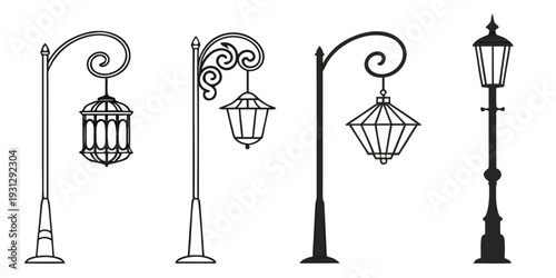 A collection of four vintage street lamps with intricate designs and hanging lanterns