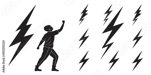 A person standing amidst multiple lightning bolts striking around them.