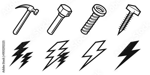 Assorted tools and lightning bolts depicted in a simple black and white line drawing