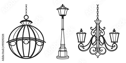 A collection of vintage and ornate hanging light fixtures and lanterns