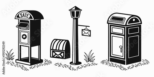 Three different types of mailboxes and a street lamp in a row