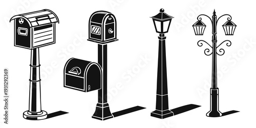 Vintage mailboxes and street lamps on a quiet suburban street