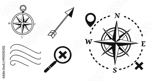 A collection of navigational symbols and icons including a compass, map pin, and magnifying glass.
