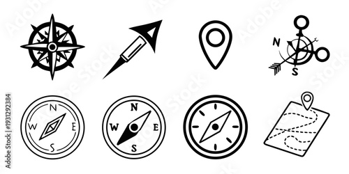 Collection of various compasses, navigation tools, and map symbols