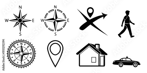 Collection of symbols representing navigation, safety, and location
