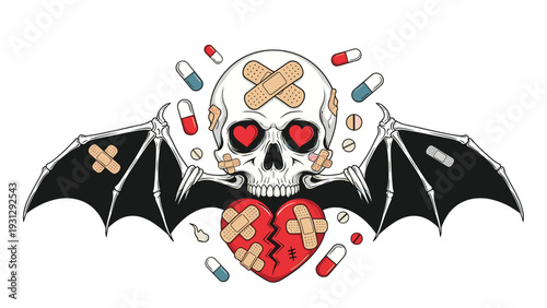 Detailed graphic art illustration of a skull with black bat wings, a red heart covered in bandages, and various scattered medical pills and capsules.