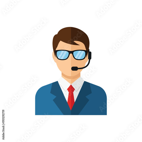 Cartoon businessman wearing headset and glasses.