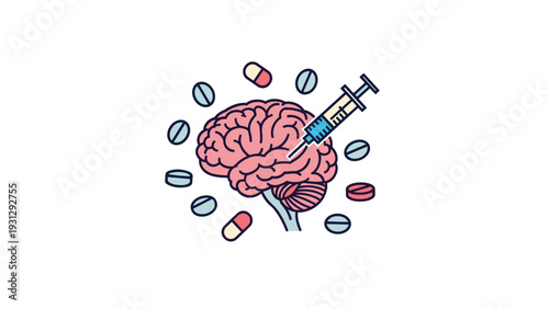 Medical illustration of a human brain surrounded by colorful pills with a syringe injecting medication representing neuropharmacology or mental health.
