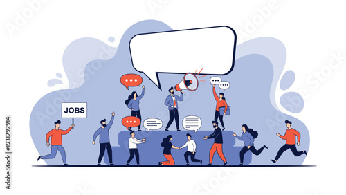 Lively recruitment and employment scene showing a group of people with a jobs sign, a megaphone speaker, and job seekers communicating.