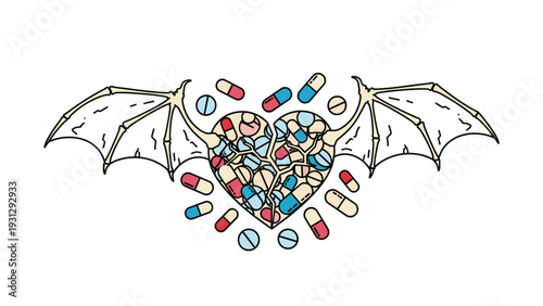 Symbolic graphic art showing a heart with skeletal bat wings filled with various medical pills and capsules representing the impact of medicine.