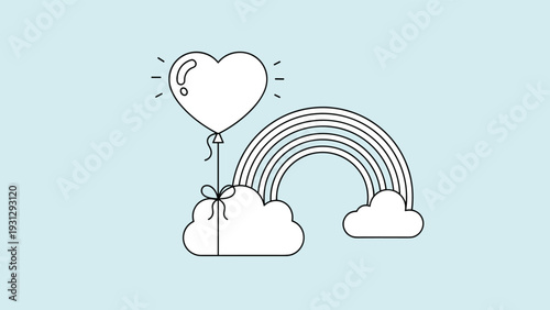 Minimalist outline illustration of a heart shaped balloon tethered to a cloud under a simple arched rainbow design.