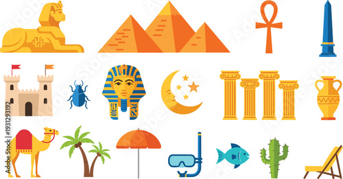 Ancient Egypt and Desert Travel Vector Icon Set Featuring Sphinx, Pyramids, Pharaoh Mask, Camel, and Summer Vacation Elements for Tourism Brochures and History Education