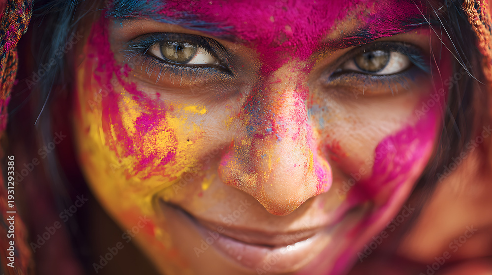 Obraz premium A vibrant woman with colorful powder on her face smiles warmly in a close-up portrait.