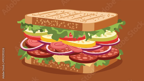 Tall multilayered sandwich filled with fresh lettuce, tomatoes, cucumbers, onions, salami, and cheese on whole grain bread.