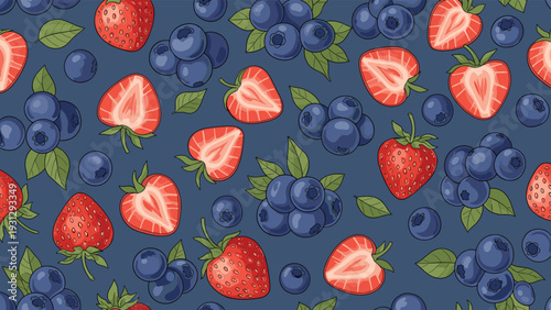 Vibrant seamless food pattern featuring whole blueberries and sliced red strawberries with green leaves on a dark blue background.