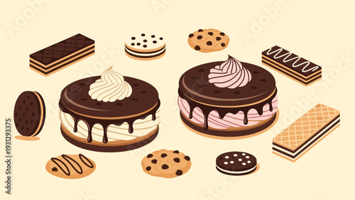Delicious collection of various cookies, cream-filled cakes, chocolate wafers, and biscuits arranged on a soft cream background.