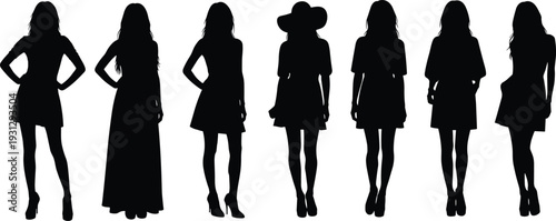 Elegant fashion silhouettes of diverse women in stylish dresses, hats, and poses, showcasing modern feminine style, posture, and clothing variety illustration