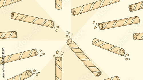 Delicious sweet wafer rolls filled with rich chocolate cream and scattered crumbs create a seamless food pattern backdrop.