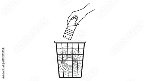 Human hand responsibly disposes of a plastic water bottle into a wire mesh waste basket to encourage environmental recycling.