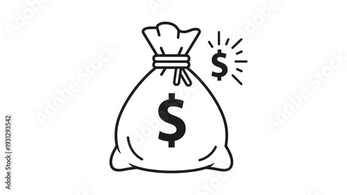 Classic line art illustration of a tied money bag featuring a prominent dollar symbol next to a shining coin icon.