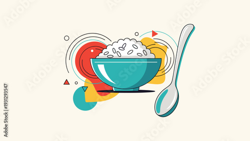 Steaming bowl of white rice accompanied by a silver spoon presented with colorful abstract shapes and decorative elements.