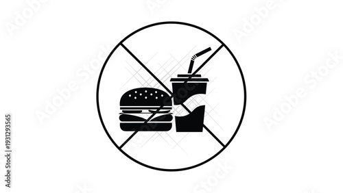 Prohibited fast food symbol featuring a crossed-out hamburger and soft drink cup to promote healthy eating habits.