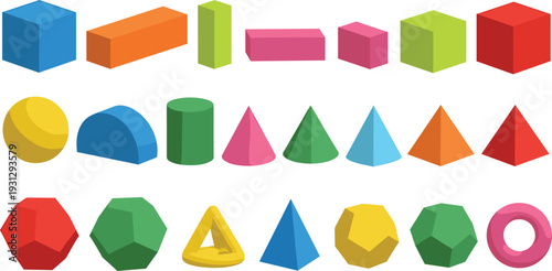 Colorful 3D Geometric Shapes Vector Set Featuring Solid Cubes, Prisms, Spheres, Cones, Pyramids, and Complex Polyhedrons for Educational and Mathematical Design Projects