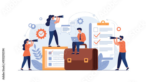 Business team searches for opportunities using telescopes while standing on a giant briefcase next to a task checklist.