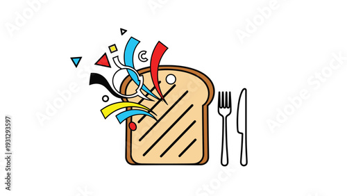 Toasted bread slice decorated with vibrant abstract geometric shapes next to a silver fork and knife on a white background.