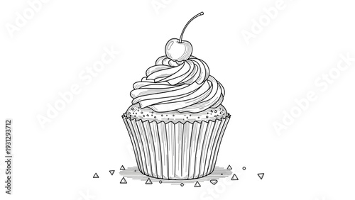 Detailed black and white sketch of a delicious cupcake with swirled frosting and a single cherry on top.