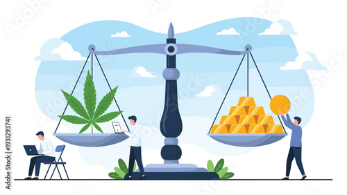Balance scale weighing a large green cannabis leaf against a pile of gold bars to represent the value of the industry.