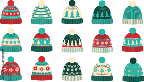 Festive winter hats collection with snowflake, Christmas tree, stripe, zigzag patterns in red, green, teal, cream colors, seasonal holiday vector illustration