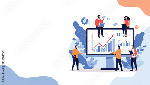 Business team monitors company performance and growth statistics on a large computer screen with data visualizations.
