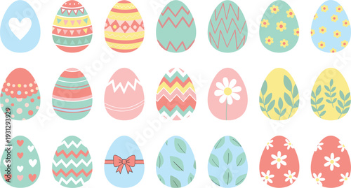 Colorful Easter Eggs Vector Set Featuring Diverse Pastel Patterns, Floral Designs, Geometric Shapes, and Festive Holiday Ornaments for Spring Celebrations