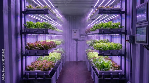 Hydroponic lettuce growing in illuminated modules inside a container farm, showcasing vibrant greenery and modern agricultural technology