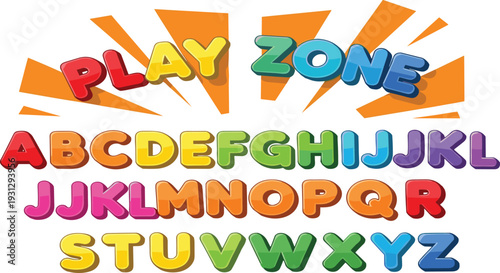 Colorful Kids Alphabet Vector Set with Play Zone Typography Featuring Vibrant 3D Bubble Letters for Nursery Decor, Preschool Education, and Children Party Posters