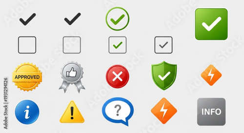 A set of flat design icons representing various symbols and signs for user interface and communication