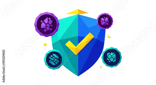 A colorful vector graphic of a shield with a checkmark and coins, symbolizing security and finance