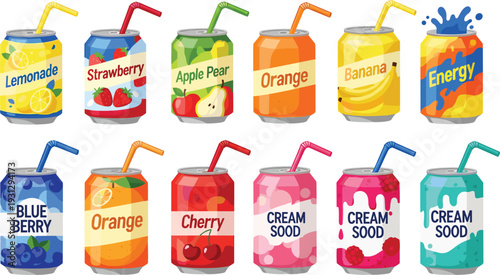 Colorful Soda and Fruit Juice Can Vector Set Featuring Lemonade, Strawberry, Apple Pear, Orange, Banana, Energy Drink, Blueberry, and Cherry Flavors with Straws