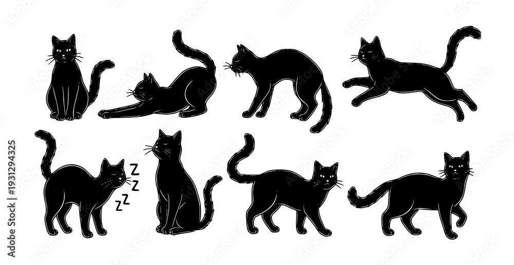 Obraz premium Hand Drawn Black Cat Silhouette Set Halloween Decorative Vector Collection