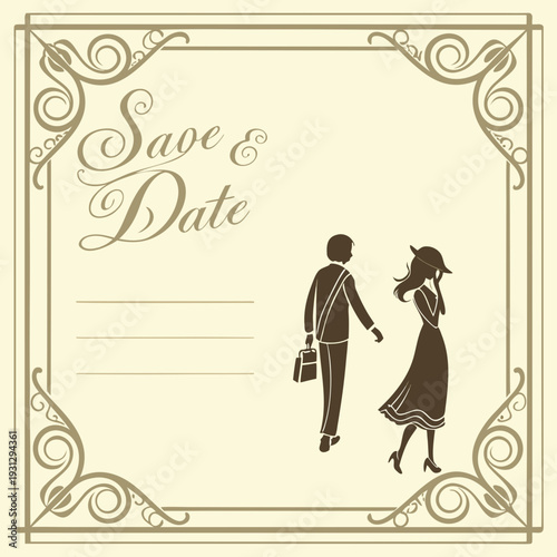 Couple walking away from camera in vintage save date design with decorative frame ornate details and text save date handwritten script