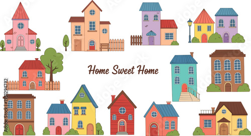 Home Sweet Home Vector Set Featuring Diverse Hand Drawn Houses, Cute Cottages, Apartment Buildings, and Suburban Homes for Real Estate and Neighborhood Designs