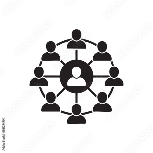 Central figure connected to multiple individuals in a network diagram illustration on a clean background