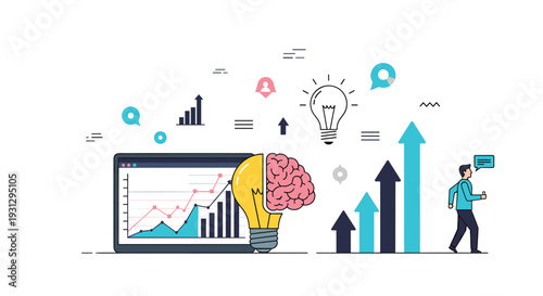 Comprehensive business intelligence and data analytics visualization with computer screen, brain lightbulb, and charts.