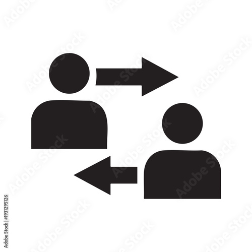 Simple black icon illustration of two people communicating with each other indicated by arrows