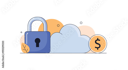 Robust cloud security and financial data protection theme with a large blue padlock, cloud, and gold dollar coin.
